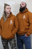 STRONG COFFEE unisex pullover hoodie brown leather view from the front both on man and women