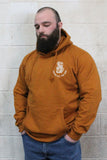 STRONG COFFEE unisex pullover hoodie brown leather view from the front man