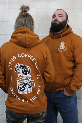 STRONG COFFEE unisex pullover hoodie brown leather view from the front and the back