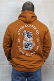 STRONG COFFEE unisex pullover hoodie brown leather view from the back man
