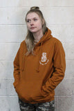 STRONG COFFEE unisex pullover hoodie brown leather view from the front woman