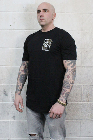 STRONG COFFEE long fit tee black for men with our leaves and cherries logo on front on model